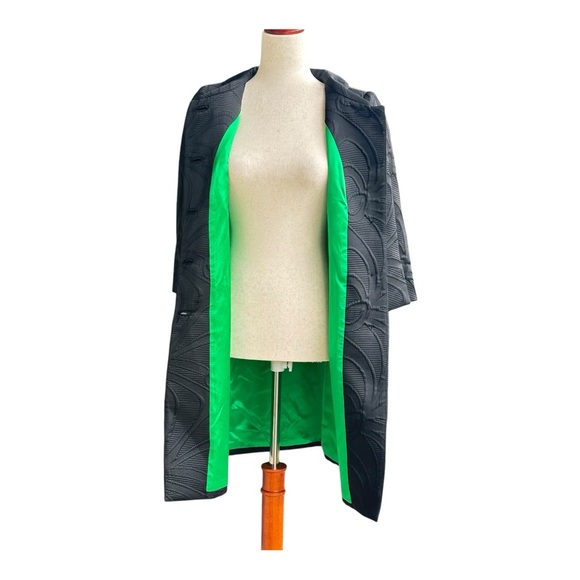 Milly Vintage Textured Black Jacquard Coat Green Lining 3/4 Sleeve Luxury Size 4 - Picture 15 of 15
